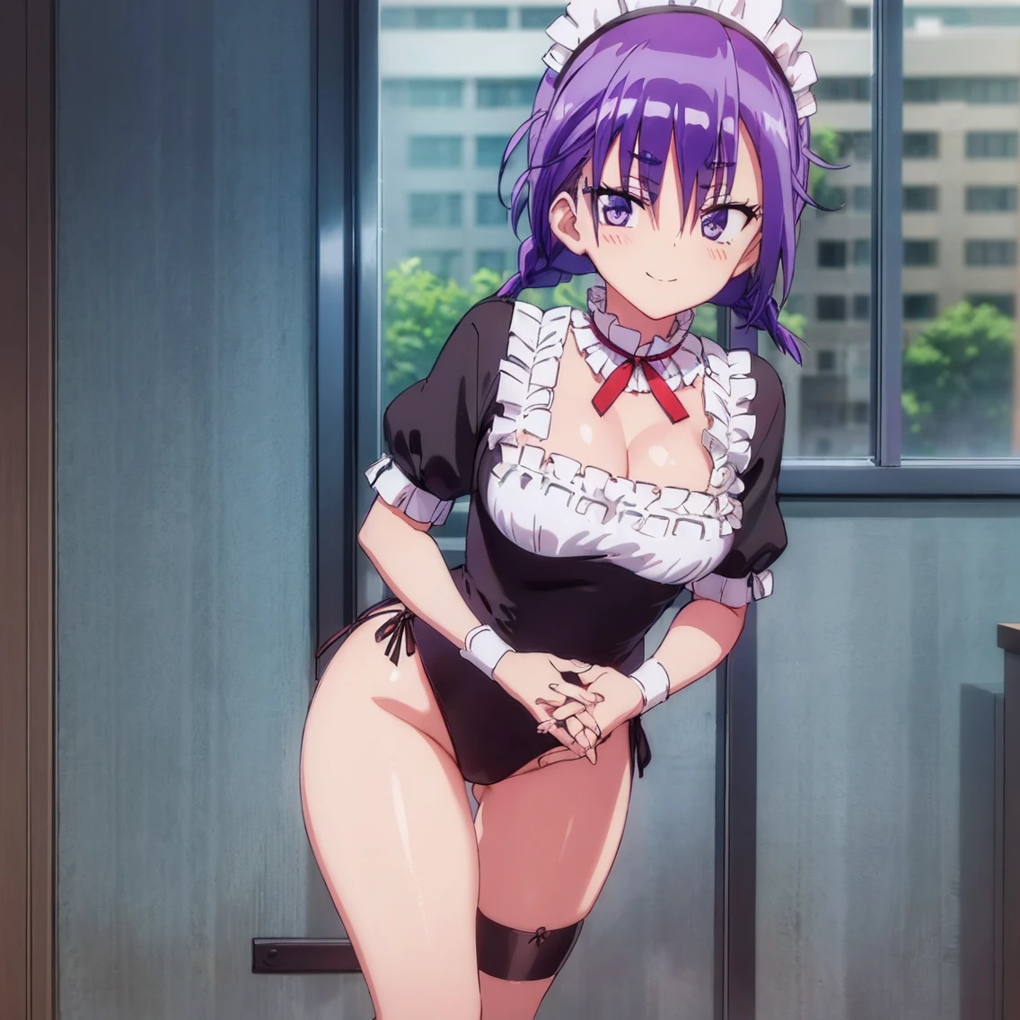 ((1girl)),((alone)), asumi kominami,(masterpiece), (best quality), (ultra detailed), (best illustration), (best shadow), (absurdities), sharp focus, cowboy photo , looking at viewer, big breasts, narrow waist, wide hips, medium thighs, round butt, dynamic posture, purple eyes, purple hair, short hair, maid, maid headdress, choker, wristbands, short sleeves, split bangs, hairpin, smile , leaning forward, arms in v, hands together, smiling, playful look, seductive smile, closed mouth, serious expression, (sexy pose: 1.2), ((alone)), standing: 1.3, Interior, cafeteria, tables, chairs, window, night, lights, looking forward, ((focus on breasts)), point of view (from middle), red blush, perfect anatomy, perfect hands.
