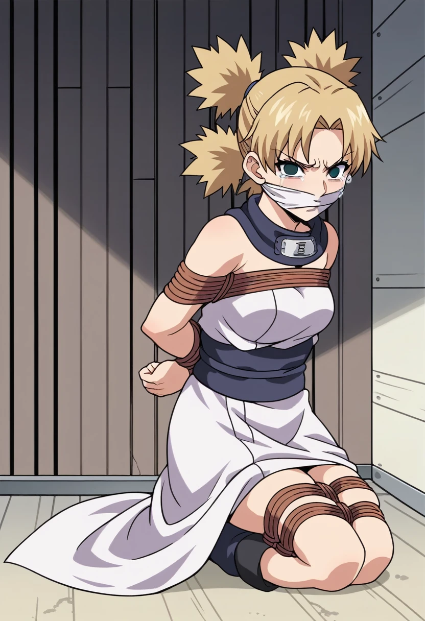 score_9, score_8_up, score_7_up, score_6_up, score_5_up, score_4_up, BREAK, source_anime, ytemari, 1girl, blonde hair, quad tails, fishnets, purple garment, sash, hands behind back, frown,crying, full body, on knees, hogtied. sideview looking at viewer, solo, simple background, abandoned warehouse background, anime screencap, anime coloring, white cloth gag, panic expression, struggling, white cloth blindfold over eyes, timebomb in background, white blindfolded, extreme panic expression, shibari ropes, ticking red timebomb dynamite on box in warehouse, dangerous, extreme struggling