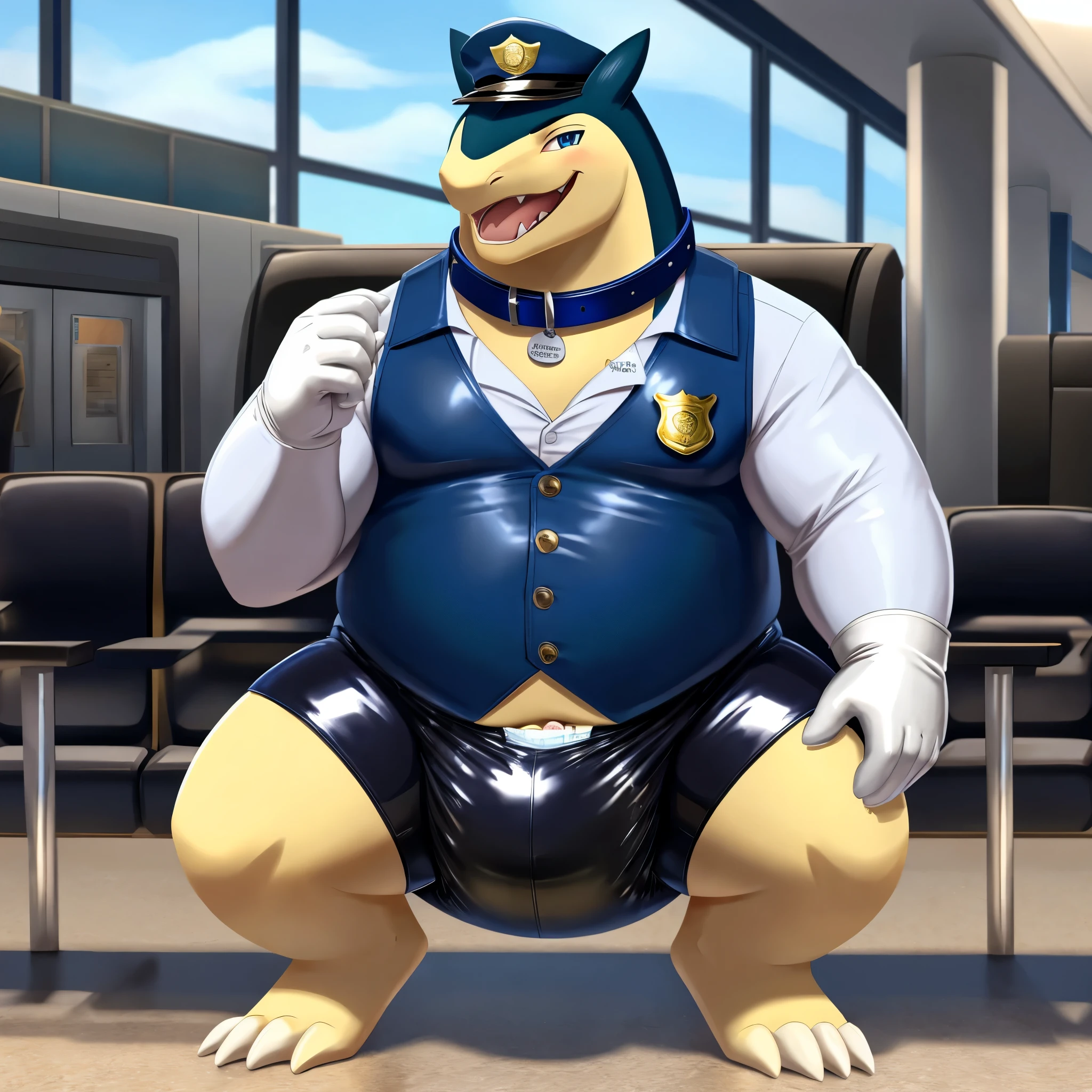 Solo, Male, fat, squatting, extremely obese, gentleman, dapper Typhlosion, pooping in diaper, blue eyes, (soft shading), 4k, hi res, ((detailed face, detailed)), looking at viewer, evil grin, Airport, TSA, TSA Uniform, collared shirt with buttons, hat, male focus, Police Uniform, glasses, monocle, vest with buttons, sleeves rolled up, round eyewear, headwear, vest, Typhlosion is wearing a glossy leather dog collar around the neck, Typhlosion is wearing the leather collar and shirt and vest at the same time, Typhlosion is wearing glossy white rubber gloves on the hands, wearing white rubber gloves on the feet, gloves are rubber in texture, mouth wide open, evil laugh, rubbing diaper with hands, leather collar is glossy and shiny with a lot of detail, Typhlosion is wearing gloves and leather collar at the same time, leather collar has a round dog-tag, leather collar is thick and detailed, white rubber gloves on the feet, Typhlosion is wearing gloves and leather collar at the same time, leather collar has a round dog-tag, leather collar is thick and detailed, leather collar is glossy and shiny, fancy clothing, dapper vest, dapper shirt, leather collar is thick, glossy leather collar, Typhlosion is wearing a dirty diaper, Typhlosion is putting one of his hands into his diaper.