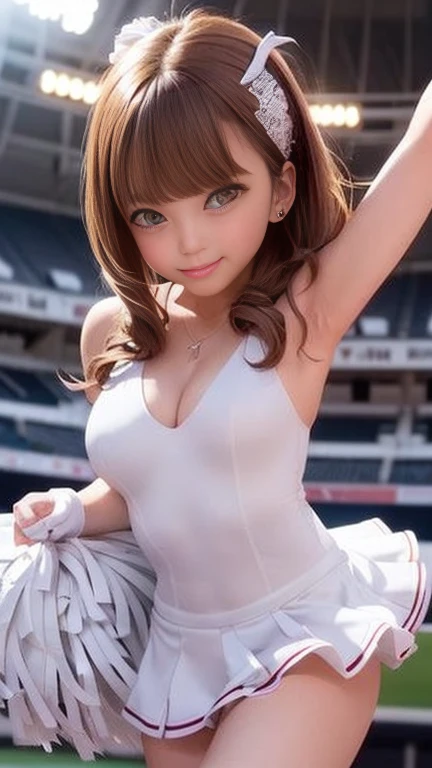 Stadium, null, 青いnull, (Photorealistic:1.4, 8k), Highest quality, masterpiece, Ultra-high resolution, Perfect dynamic composition, Big Face, Round face, Light brown hair:1.3, Long Hair, (the wind is strong:1.3), (Floating Hair:1.3), Highly detailed skin and facial textures:1.3, Sunburned skin:1.3, thin, Perfect Proportions, Mid-chest:1.3, Cleavage, (Under the chest:1.25), Abdominal Peek:1.3, Shiny legs, Limb details,  Cute and sexy 22 year old cheerleader, (Totally captivates you:0.9), (Cheerleader white costume:1.4),  (Gal Makeup, eyeliner, mascara, Pink Lip Gloss, Distant eyes, Beautiful erotic eyes:0.85), Sexy Face:0.4, (Mouth closed, Small Mouth, Thick lips, A taste of beautiful eroticism:0.85), (Too cute beauty:0.9), Stadium, Many spectators, Many spectators, Strong winds, Cinema lighting from the front, (Looking at the camera:1.2), (Extreme close up), (Dynamic pose on stage), smile:0.7, 