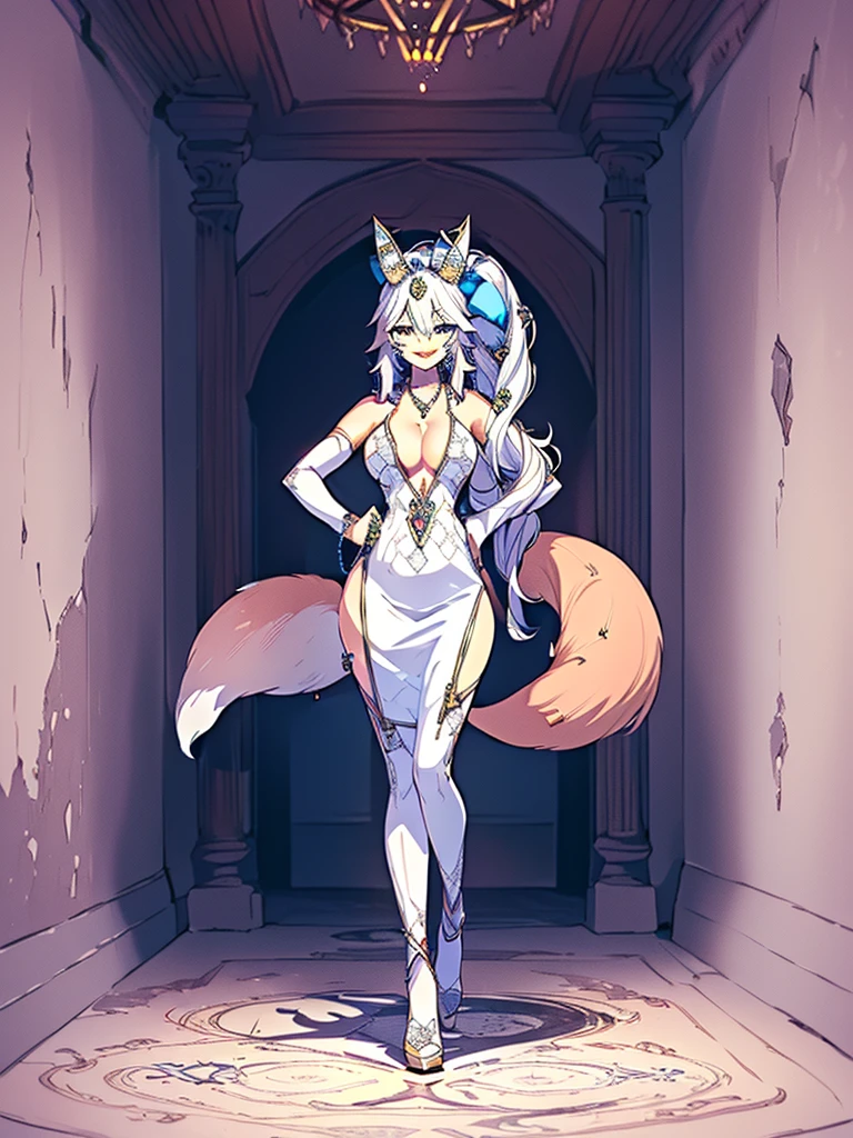 great quality ++ Extremely detailed high resolutionolution, very aesthetic, expressive eyes, (((Perfect face))), (((face symmetrical))), ((good anatomy)), (((perfect hands))), (((8k))), UHD, hd wallpaper, (((detailed high cal, (((((1girl)))))), only, Masterpiece, The best quality, high resolution, Highly detailed, (illustration), Beautiful detailed eyes, ((((full body))), (((solo))), (((((koyan-la1))))), (((smiling))), (((fusion))), (((agglutination))), (((Combination))), (((((White hair))))), (((blue eyes))), (((ponytail))), (((white dress))), (((jewelry))), (((necklace))), (((earrings))), only, jaeces, earrings, long hair, parody, (((scar))), (((scar ocular))), (((hair ornament))), (((hand on hip))), (((strolling))), Side ponytail, scar en la cara, Upper part of the body, (((fox tail))), (((fox ears))), (((tiara))), (((jewelry))), (((earrings))), (((neckline trimming))),