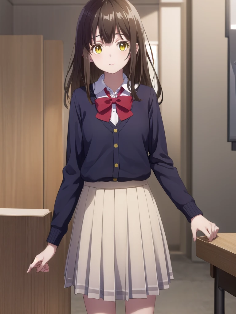 sayuogiwara, sayu ogiwara, long hair, bangs, brown hair, (yellow eyes:1.5), smile,
BREAK skirt, shirt, long sleeves, bow, , white shirt, pleated skirt, socks, collared shirt, bowtie, red bow, sweater, plaid, plaid skirt, cardigan, black socks, red bowtie,
BREAK indoors, classroom,
BREAK looking at viewer, (cowboy shot:1.5),
BREAK (masterpiece:1.2), best quality, high resolution, unity 8k wallpaper, (illustration:0.8), (beautiful detailed eyes:1.6), extremely detailed face, perfect lighting, extremely detailed CG, (perfect hands, perfect anatomy),