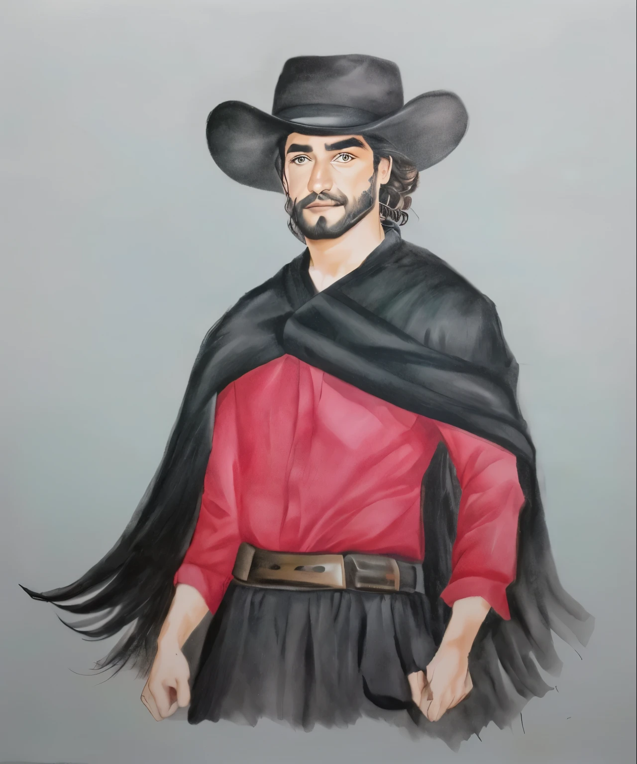 um desenho de um homem com um chapéu de preto native gaucho e uma camisa vermela e pele clara inspirado em Germán Londoño, inspired by Agustín Fernández, inspired by Toros Roslin, inspired by Alonso Vázquez, inspired by Pedro Álvarez Castelló, a portrait of the character, native gaucho