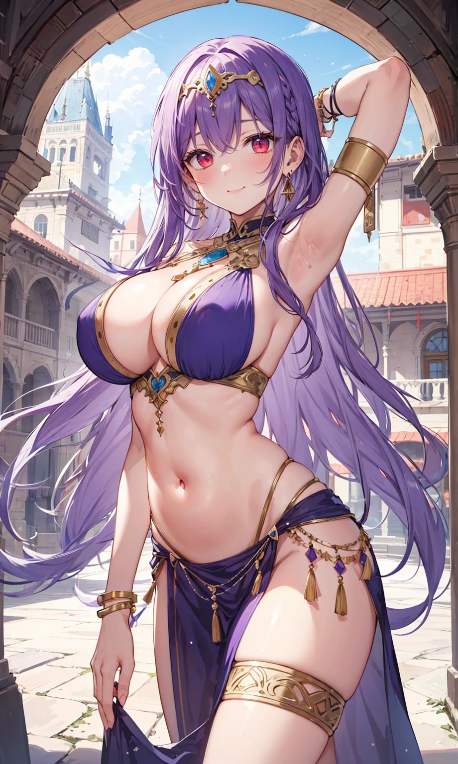 high quality, ultra detailed, best quality, insanely detailed, beautiful, masterpiece, 1girl, medieval plaza, cowboy shot, red eyes, long hair, purple hair, belly dancer, circlet, earrings, armlets, bracelets, bashful smile, large , cleavagstomach
