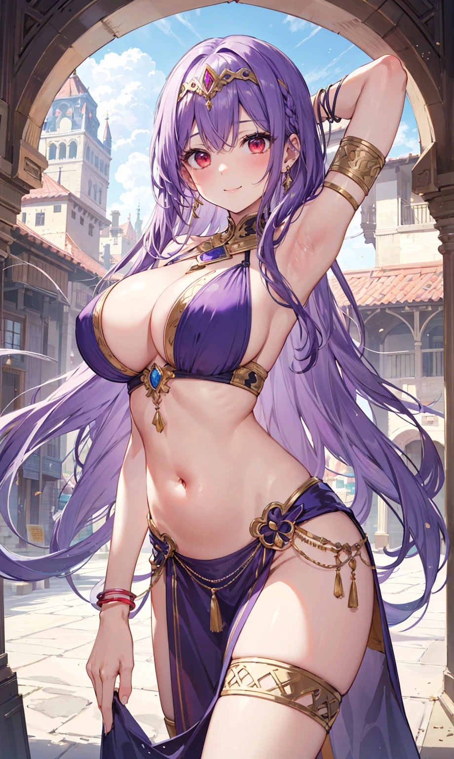 high quality, ultra detailed, best quality, insanely detailed, beautiful, masterpiece, 1girl, medieval plaza, cowboy shot, red eyes, long hair, purple hair, belly dancer, circlet, earrings, armlets, bracelets, bashful smile, large breasts, cleavage, soft stomach