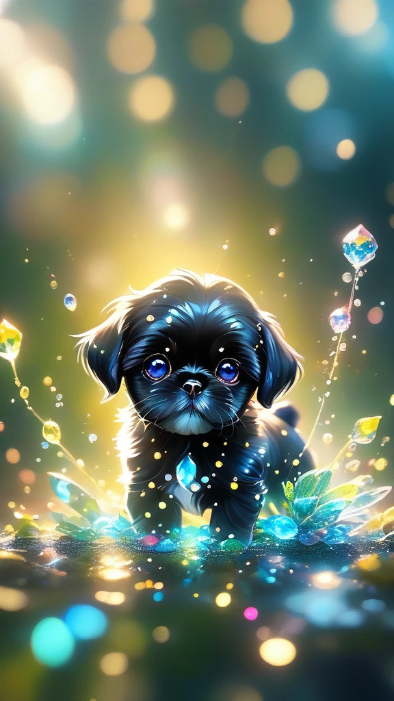 2 adorable small black shih tzu puppies blue crystal eyes Sparkling crystals, delicate tentacles, Vivid colors, surreal background, Ethereal Light, flickering reflection, Intricate details, Mysterious atmosphere,dream-like, Milky Way, Cleanliness, Sparkling, Sparkling, Splendor, colorful, Great cinematography, Dramatic Light, Photorealism, Super detailed, 4K, Depth of written boundary, High resolution、
crystal flower