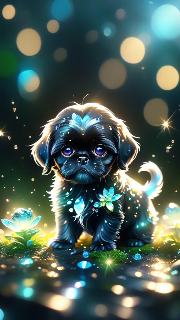 2 adorable small black shih tzu puppies blue crystal eyes Sparkling crystals, delicate tentacles, Vivid colors, surreal background, Ethereal Light, flickering reflection, Intricate details, Mysterious atmosphere,dream-like, Milky Way, Cleanliness, Sparkling, Sparkling, Splendor, colorful, Great cinematography, Dramatic Light, Photorealism, Super detailed, 4K, Depth of written boundary, High resolution、
crystal flower