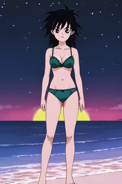 source_anime, score_9,score_8_up, score_7_up, ginedb, anime screencap, 1girl, solo, looking at viewer, smile, medium breasts, black hair, ocean, medium breasts, smile, standing, blue night sky, night, stars, underwear, black green bra, dark blue panty, lengerie