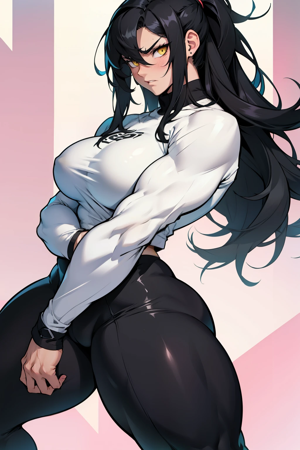 1girl solo black hair yellow eyes very long hair pale skin muscular muscular muscular muscular toned body huge muscles thick thighs girl tight clothes angry blushing messy hair leggings tight shirt long sleeves thick thick thick thick thick thick