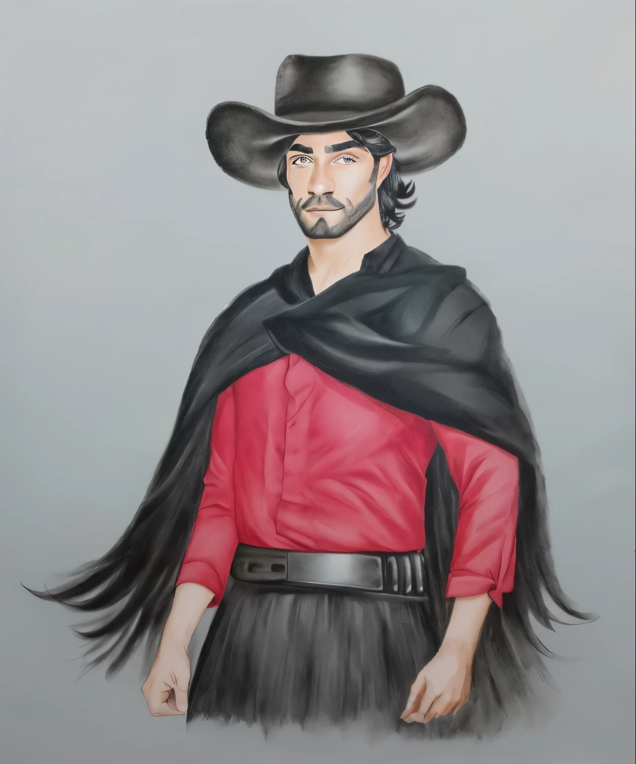 um desenho de um homem com um chapéu de preto native gaucho e uma camisa vermela e pele clara inspirado em Germán Londoño, inspired by Agustín Fernández, inspired by Toros Roslin, inspired by Alonso Vázquez, inspired by Pedro Álvarez Castelló, a portrait of the character, native gaucho