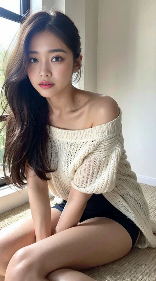 Dark brown hair、Light brown eyes、Japanese actress、 Lady、I am about 40 years old.........、(Intricate details:1.2)、 (Ultra-high resolution:1.2)、Ultra-high resolution、(Fine-tune)、(Detailed facial features)、Hmph、8k resolution、D cup size breasts、Long Hair、Bright terrace room with sunlight streaming in、Large windows、Extravagant space、relax、、,Full body photo、Head to toe shot、Beautiful feet、black Loose fit openwork T-shirt、Underwear shorts、Beautiful feet、Bright terrace room with sunlight streaming in、she, household items, (plant:0.8), Fashion Hub, Very detailed, Very detailed, Realistic, Hourglass Shaped Body, Obscene pose,、Messy Hair、Messy ponytail、Leaning against a wall、I cry a lot、tears、Skin is visible through the knit、White floor、White wall、A masterpiece of transparent painting、
