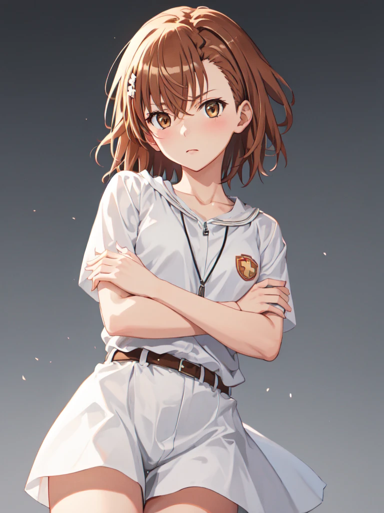 (safe:1.10), best quality, masterpiece, highres, solo, (misaka_mikoto_bluearchive:1.10), crossed arms, cowboy shot, looking at viewer, 41 