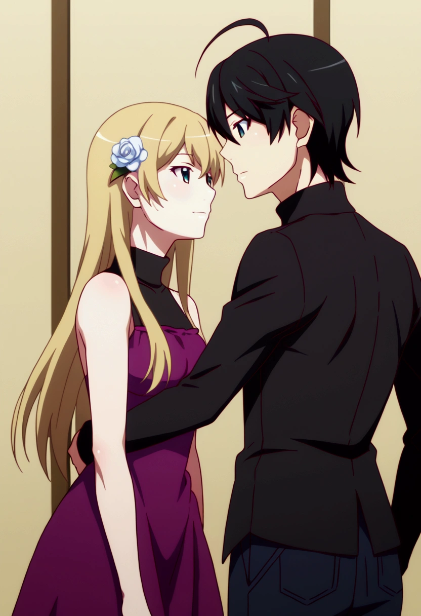 Teenage boy with good physique, with a black turtleneck sweatshirt, giving a flower to a girl
