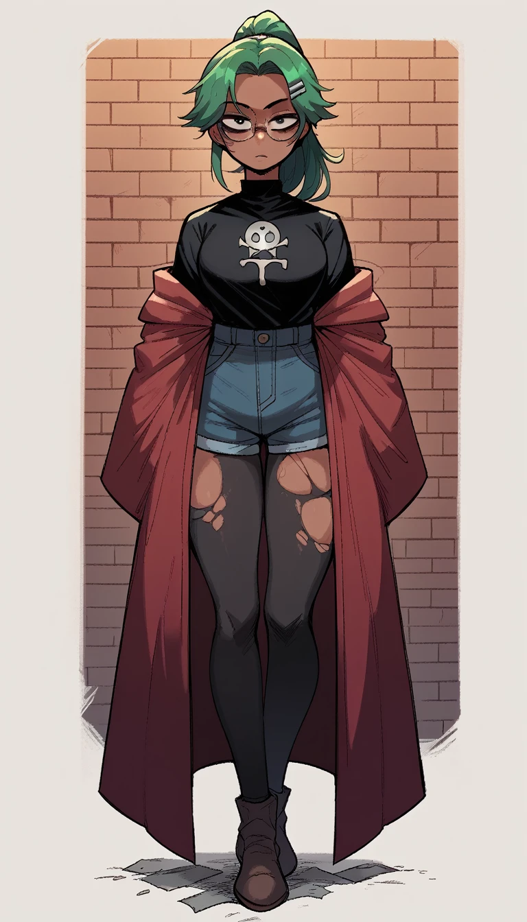 bright green hair, and a ponytail standing in front of a brick wall, glasses, full body portrait of a short!, cel - shaded art style, character full body portrait, full body close-up shot, a character portrait, dark red Hogwarts robe, black shirt, teen female emo art student, black jean shorts, black pantyhose, black hair pins, dark skin, torn black shirt, full body character portrait, inspired by Taiyō Matsumoto