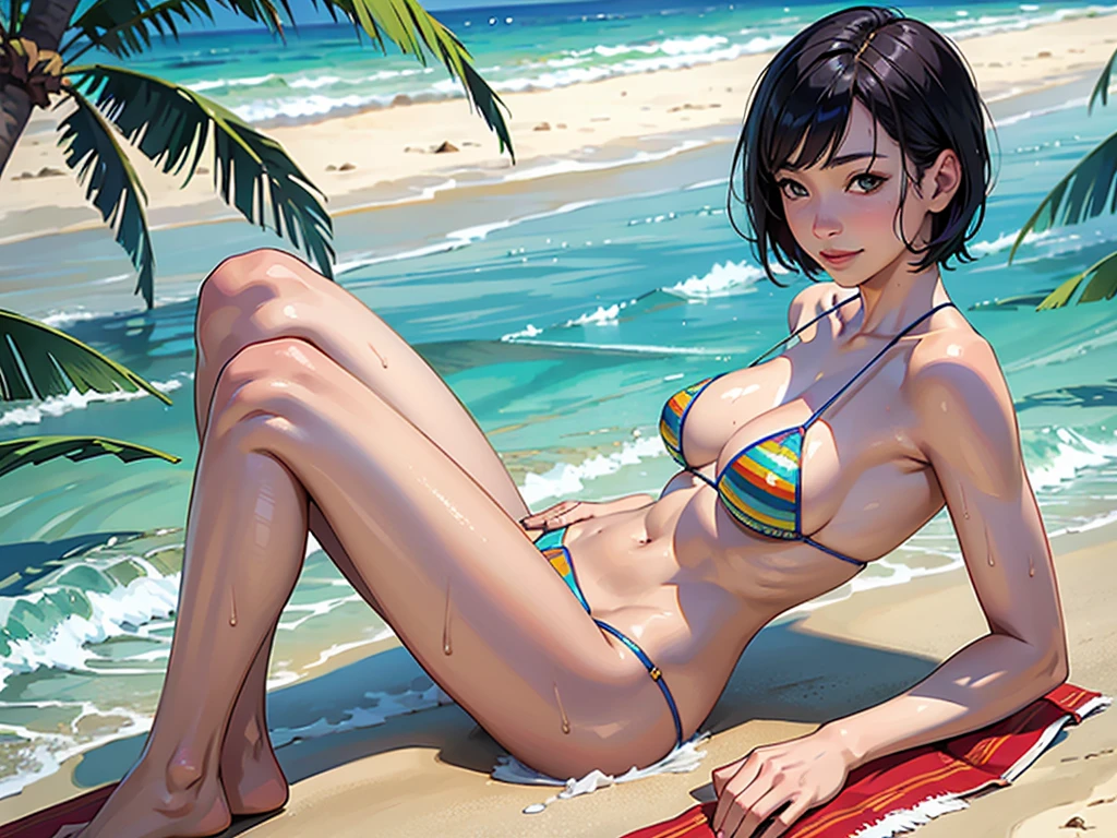 ((highest quality, masterpiece, High resolution)), ((reality)),Photos of beautiful Japanese women,((anime art))、 (((1 girl))), normal size breasts, slim body shape, medium short hair, double eyelid, Wet see-through micro bikini, A pareo with bold ethnic patterns and plenty of primary colors、realistic skin、Wet,whole body,cinematic light、tropical、Against the background of palm trees on both sides、on a sunny beach、With the sea in the background、blur background、smile