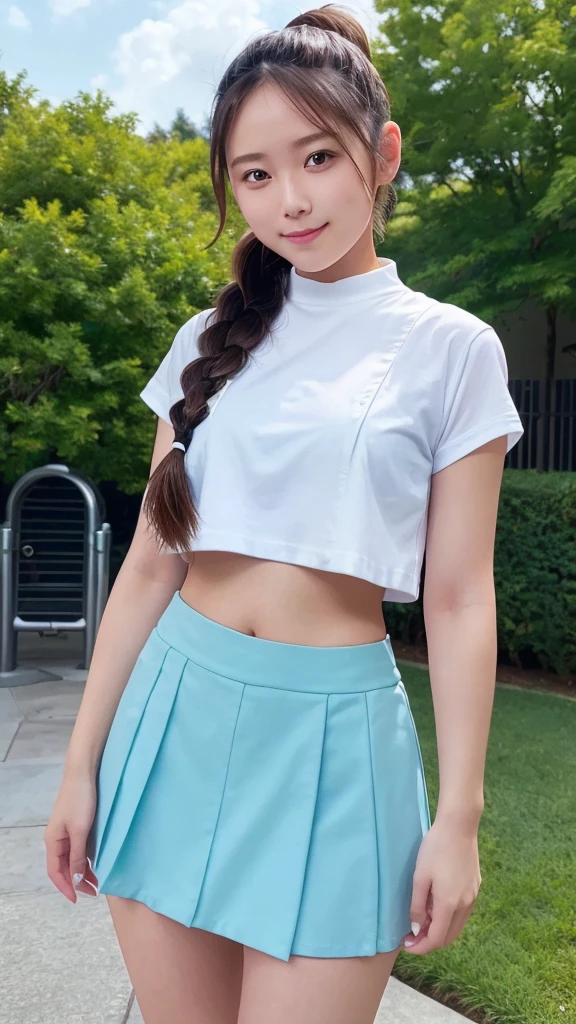 22 years old,1 beautiful woman,aqua mini skirt,white T-shirt,midriff baring,hugging own legs,cute face,smiling,ponytail,braided hair,from below,outdoor,public park,masterpiece, extremely fine and beautiful,dslr