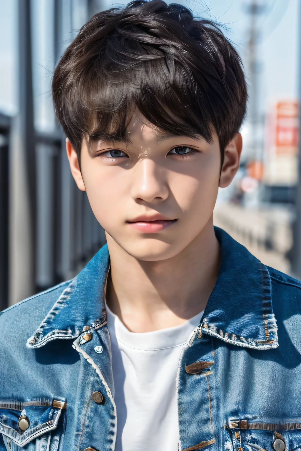 Highest quality, masterpiece, Ultra-high resolution, (Realistic: 1.4), Original photo, wallpaper, Head Photo, skin, Simple Background, Iris, detailed, Selfie, 1 boy, 18-year-old, good looking, Wind,Denim Jacket