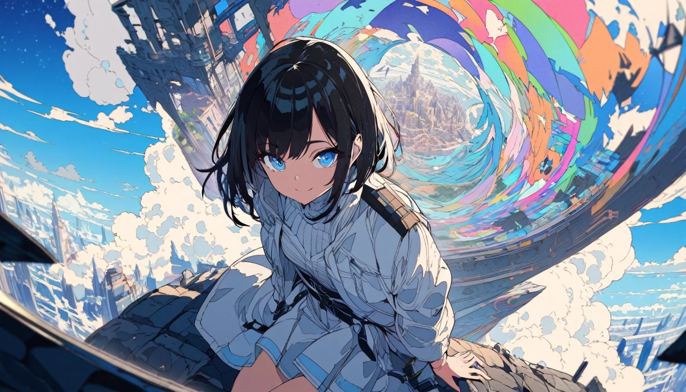 1girl, solo, blue eyes, (detailed eyes), gentle smile on her face flat chest, short hair, black hair, [(white background:1.5), ::5], masterpiece,best quality,official art,illustration,ligne claire,(dreamy),(colorful:1.3),perfect composition,absurdres,intricate details,fantasy,focused,(in the high air),Unable to see the ground,(above the cloud:1.4),(finely detailed modern lost_city:1.3),(lost_city towering above the clouds:1.2),epic,(focus_girl:1.4),(girl in city peak of Broken bridge), rule of thirds, white_jacket and white_shirt,black_beltskirt,very_long_hair,side, loose_hair,semi-rimless eyewear,overhead_viewer,wind blow at viewer,side_face, (ground is starry_sky),smile,sitting,(depth_of_field), shiina mahiru