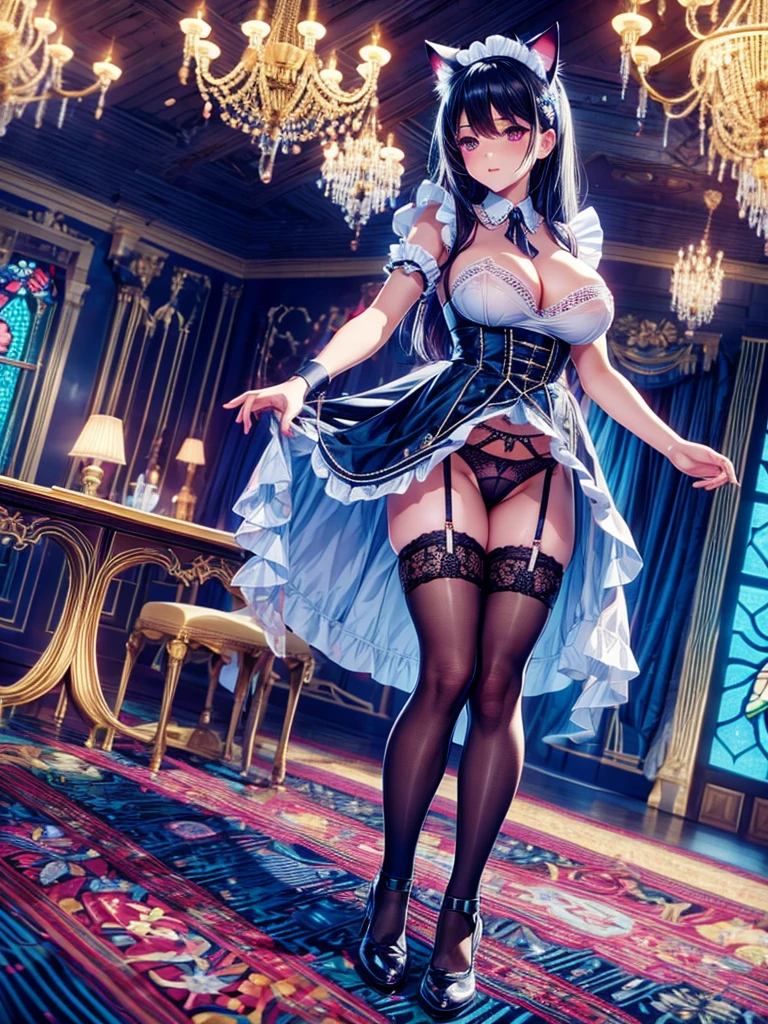 Highest quality,Highest Resolution,Beautiful boy in maid outfit,Cat ear,Western-style room,chandelier,Stained glass,Knee-high stockings,garter belt,,Big Brets,Very beaues,