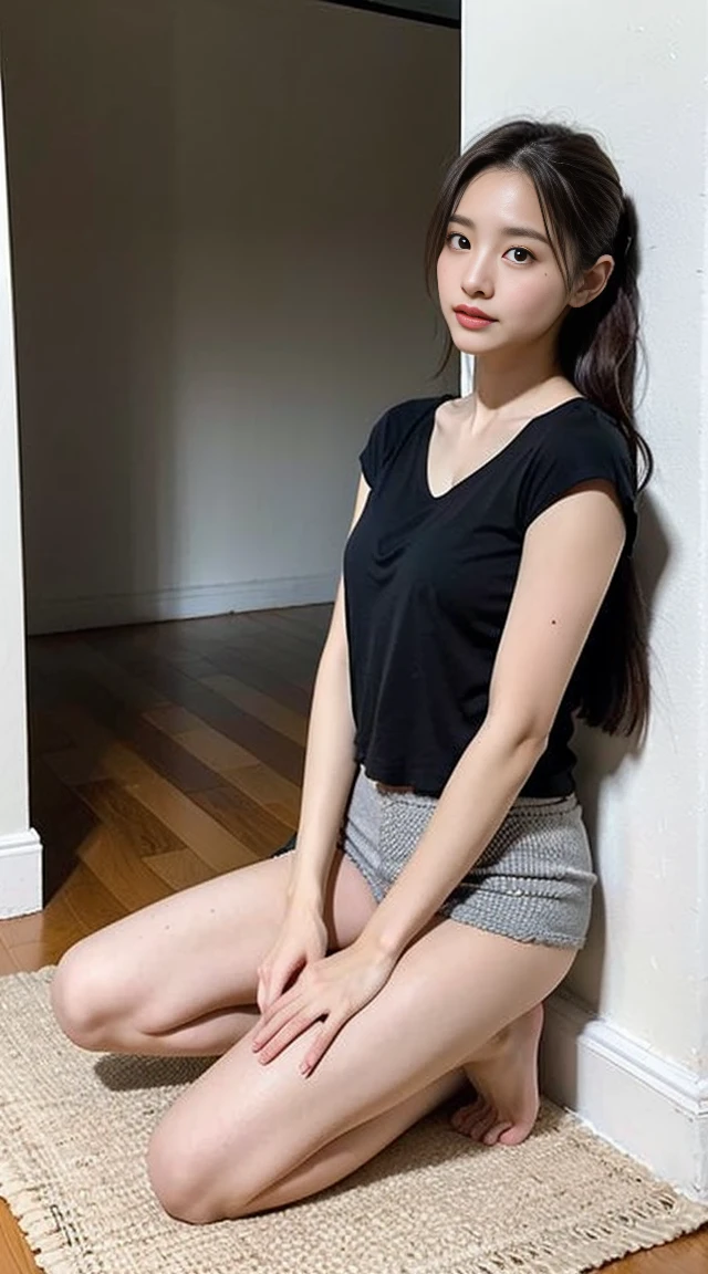 Dark brown hair、Light brown eyes、Japanese actress、 Lady、I am about 40 years old.........、(Intricate details:1.2)、 (Ultra-high resolution:1.2)、Ultra-high resolution、(Fine-tune)、(Detailed facial features)、Hmph、8k resolution、D cup size breasts、Long Hair、Bright terrace room with sunlight streaming in、Large windows、Extravagant space、relax、、,Full body photo、Head to toe shot、Beautiful feet、black Loose fit openwork T-shirt、Underwear shorts、Beautiful feet、Bright terrace room with sunlight streaming in、she, household items, (plant:0.8), Fashion Hub, Very detailed, Very detailed, Realistic, Hourglass Shaped Body, Obscene pose,、Messy Hair、Messy ponytail、Leaning against a wall、I cry a lot、tears、Skin is visible through the knit、White floor、White wall、A masterpiece of transparent painting、