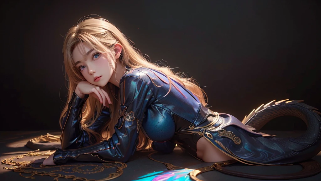 Polychrome,, night, dark, blonde, Show Viewer, In-person audience, Limited Edition Palette, Dragon Background, Shine,(Highly detailed CG Unity 8k wallpaper),(masterpiece), (Highest quality), (Vaporwave Style), (Super detailed), (Best illustrations),(Best Shadow),Perfect lighting , Perfect Anatomy , Vibrant colors、