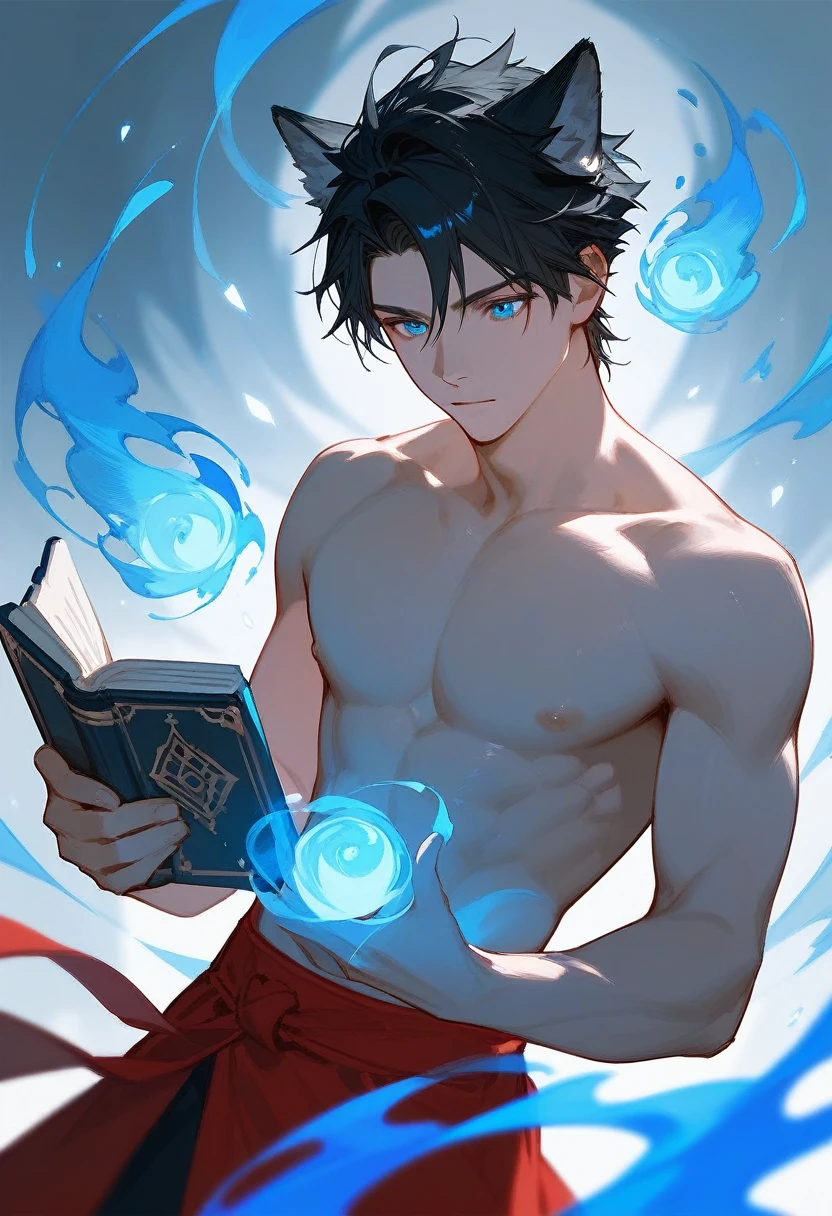 (score_9,score_8_up,score_7_up),1male,black hair hair,blue eyes, shirtless,wolf ear, hansome_face,hold a book, magic aura,Red skirt, His left hand cast magic