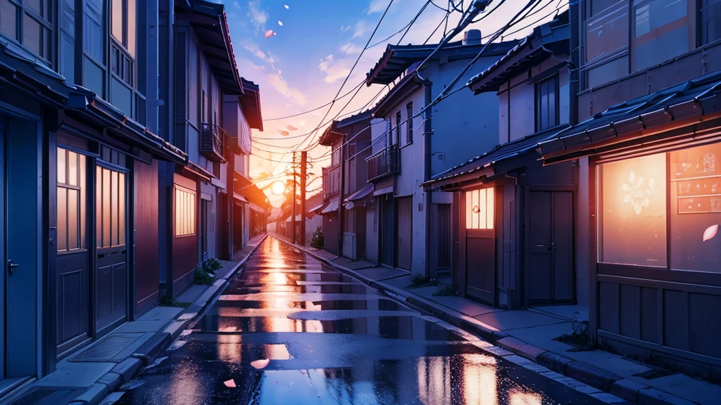 city with cherry trees in surreal anime style for ambient music cover. at sunset and cherry petals float through the scene. Smooth and ethereal animation style, reminiscent of the works of Hayao Miyazaki mixed with the surrealism of 'Paprika'. Soft and dreamlike color palette: deep blues, soft greens and delicate pinks. The general atmosphere is serene and mystical. Composition that invites the viewer to immerse themselves in this dream world