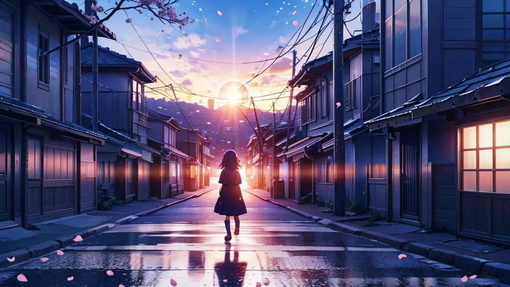 city with cherry trees in surreal anime style for ambient music cover. at sunset and cherry petals float through the scene. Smooth and ethereal animation style, reminiscent of the works of Hayao Miyazaki mixed with the surrealism of 'Paprika'. Soft and dreamlike color palette: deep blues, soft greens and delicate pinks. The general atmosphere is serene and mystical. Composition that invites the viewer to immerse themselves in this dream world