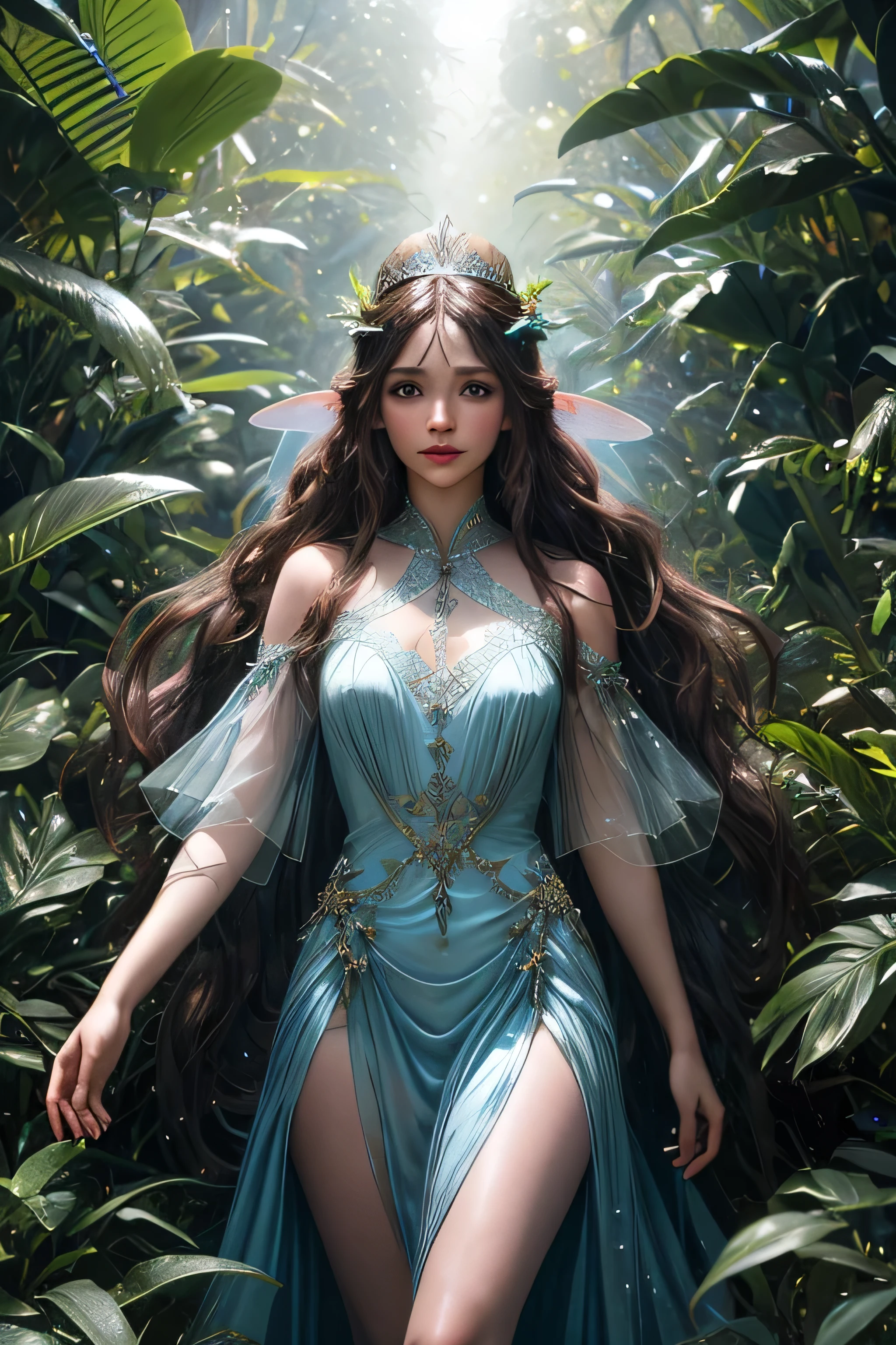 A fairy women wear long milk blue dress, beautiful face, long fairy ears, long brown hair, branch tiara, walk away at the fairy jungle that have neon glow plants, ray of light, morning vibes, high class fashion, a lot of detail, ornaments, cinematic lighting, medium shot 50mm, half body angle, masterpiece, ultra detailed, hyper realistic, ultra hd, 8k