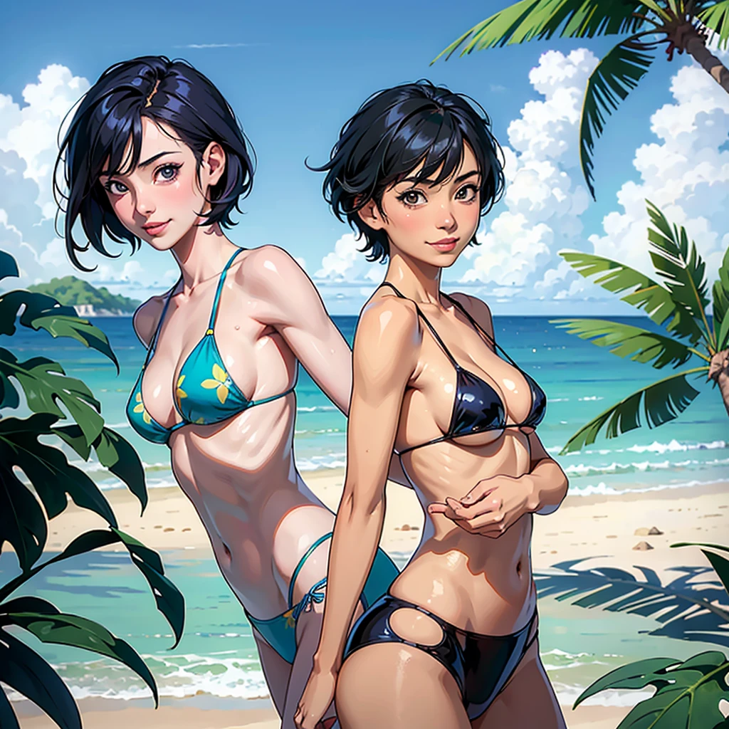 ((highest quality, masterpiece, High resolution)), ((reality)),Photos of beautiful Japanese women,((anime art))、 (((1 girl))), normal size breasts, slim body shape, medium short hair, double eyelid, Wet see-through micro bikini, A pareo with bold ethnic patterns and plenty of primary colors、realistic skin、Wet,whole body,cinematic light、tropical、Against the background of palm trees on both sides、on a sunny beach、With the sea in the background、blur background、smile