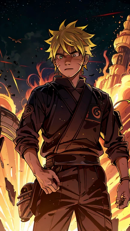 (s:1boy: uzumaki naruto,Star Wars), (extremely detailed CG unit 8k wallpaper),(master part), (best quality), (ultra detali), (best illustration),(melhor ombre), cowboy shot, (Sharp eyeliner, ombre, detailedeyes:1), Konoha Village background, ,break , (star15escola:1.2), hair ornament,short Bun hair ,yellow hair,