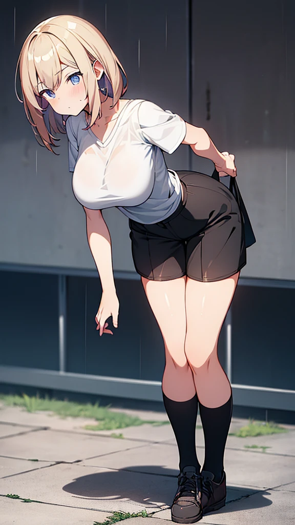 Full body image, front, One girl, 18-year-old, Mix 4, (32K, RAW Photos, Highest quality, masterpiece:1.2), (Anime-like, photoAnime-like:1.37), cute, Short sleeve T-shirt,Shorts,Black knee socks, night, rain, Humidity, Professional Lighting, Photon Mapping, Radio City, Physically Based Rendering, Super Resolution, (Big Breasts:1.2), {{The biological weapon that had preyed on the younger sister took her place and reunited with the older brother, The rebellious little sister has become the obedient little sister}}, Girl Skull, whole body, NSFW