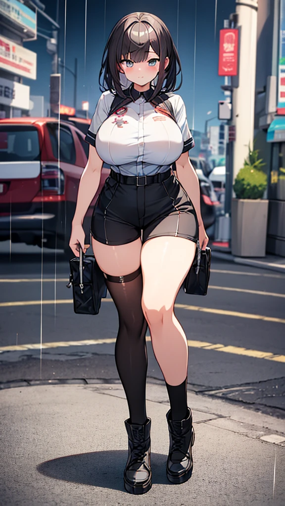 Full body image, front, One girl, 18-year-old, Mix 4, (32K, RAW Photos, Highest quality, masterpiece:1.2), (Anime-like, photoAnime-like:1.37), cute, Short sleeve T-shirt,Shorts,Black knee socks, night, rain, Humidity, Professional Lighting, Photon Mapping, Radio City, Physically Based Rendering, Super Resolution, (Big Breasts:1.2), {{The biological weapon that had preyed on the younger sister took her place and reunited with the older brother, The rebellious little sister has become the obedient little sister}}, Girl Skull, whole body, NSFW