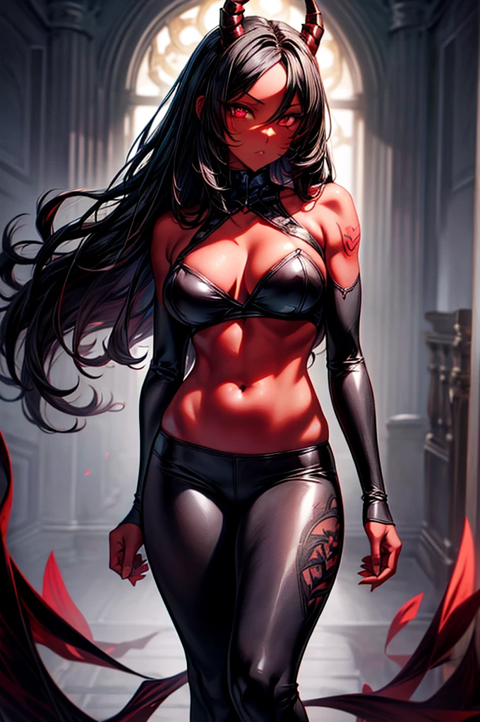 masterpiece, super detailed, high resolution, precision art, highly seductive anime girl. sexy and alluring, flawless dark red demonic skin, succubus, symmetrical face, beautiful olive eyes, flowing black hair, her very presence oozes seduction and allure, S-shaped body, black onyx colored horns jutting out her forehead, heart shaped tail protruding from her back, sexy and arousing slender and thin yet chiseled with enticing breasts, intricate and beautiful heart shaped tattoo engraved on her stomach, wearing spaghetti strap crop-top and form-fitting leggings that accentuate her round ass, hip-level shot