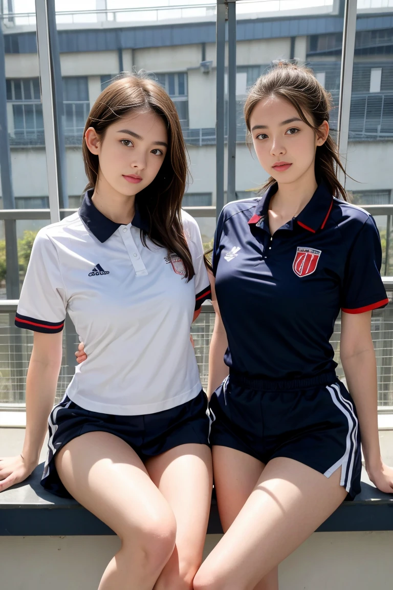 deux femmes ensemble de 18 ans sexy et mince , short sleeve uniform de sport, salle de classe, se touche,position sey,sensuel