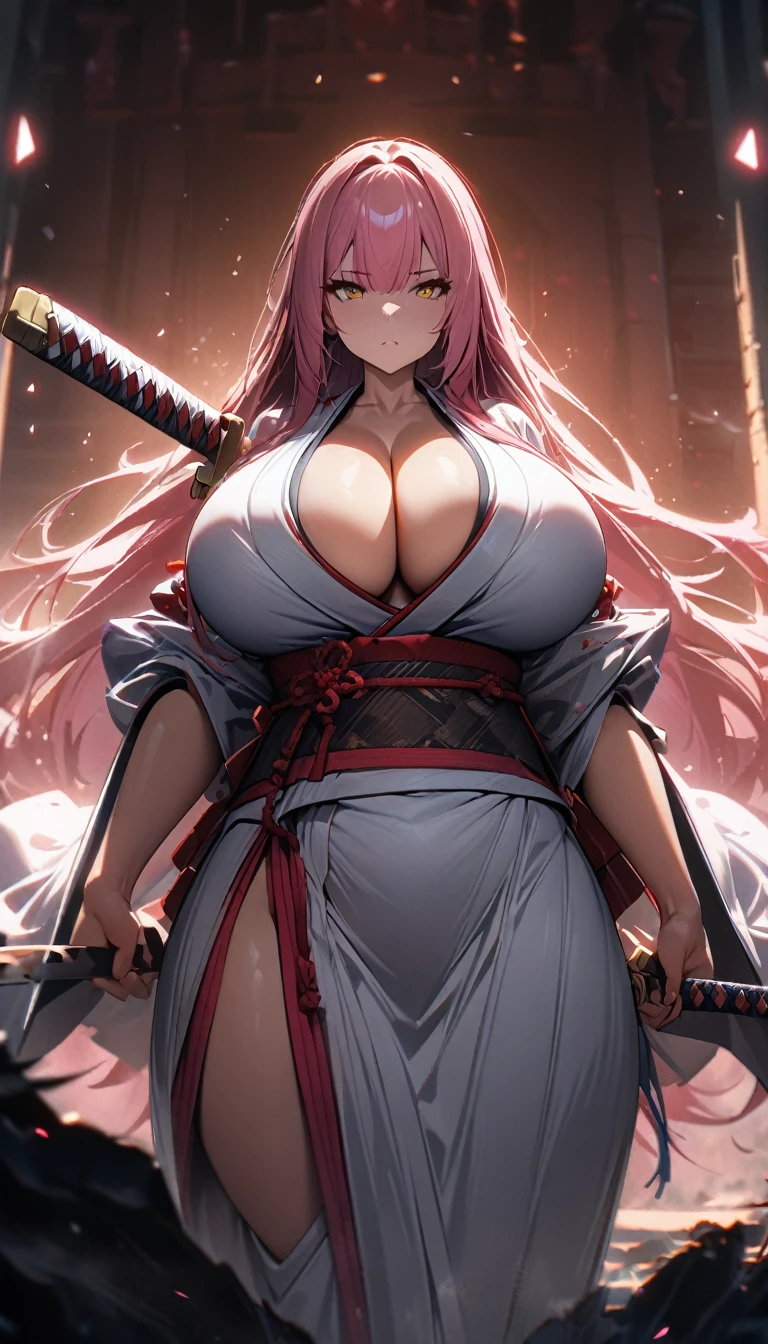 1girl,samurai,white kimono,super huge breasts,standing up,holding a katana, one katana sword,pink hair,golden eyes,staring coldly,long hair,kimono,(best quality,4k,highres,masterpiece:1.2),ultra-detailed, dramatic lighting,cinematic