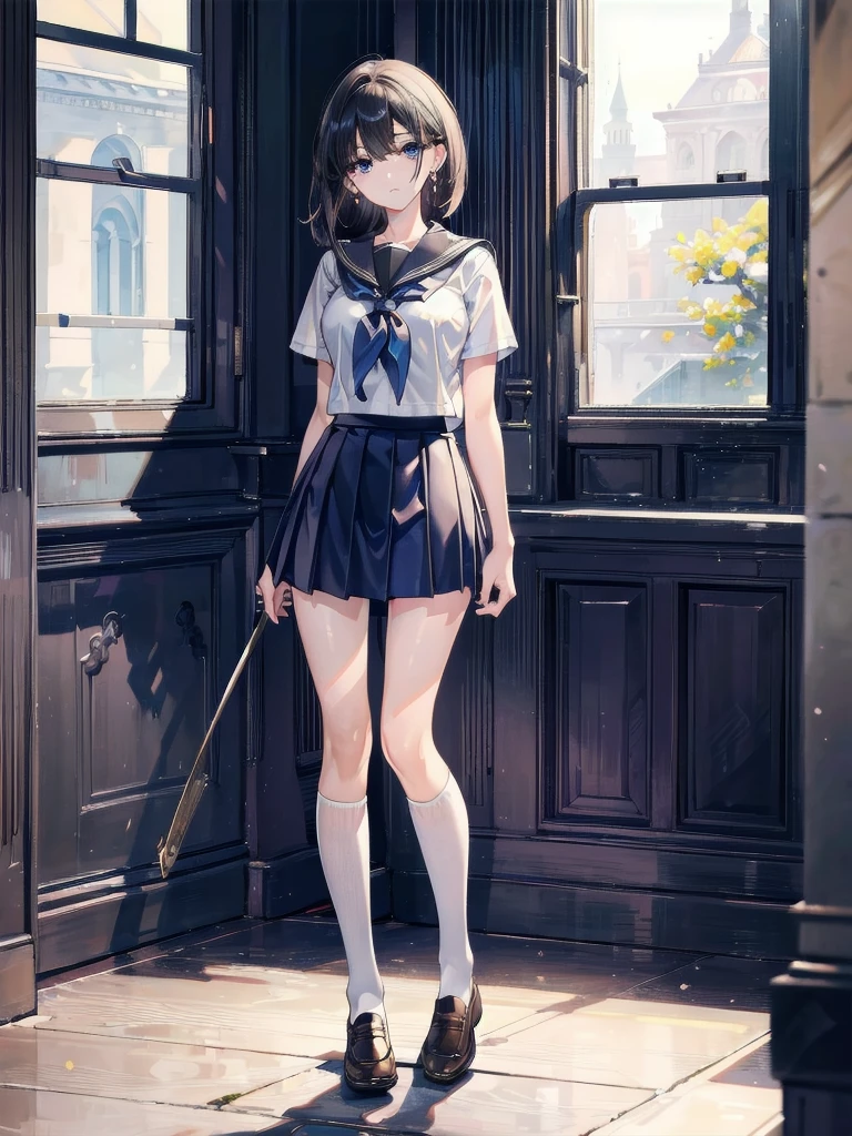 ((full body shot)), absurdres, RAW photo, extremely delicate and beautiful, masterpiece, Best Quality, ultra high resolution, 32k, hyperrealistic, ultra-detailed, perfect anatomy, super Detailed skin, perfect figure, Super Beauty, Perfect Style, Perfect balance, Beautiful Lighting, Perfect Lightning, Realistic Shadows, 20 years old, very Slim body, narrow waist, very small head, very small face, delicate facial features, handsome detailed woman, very detailed eyes and face, realistic face proportions, Realistic beautiful face, Realistic beautiful eyes, tearful mole, earring, very huge round breasts, medium hair, asymmetrical hair, indoor, short skirt, ((school uniform)),