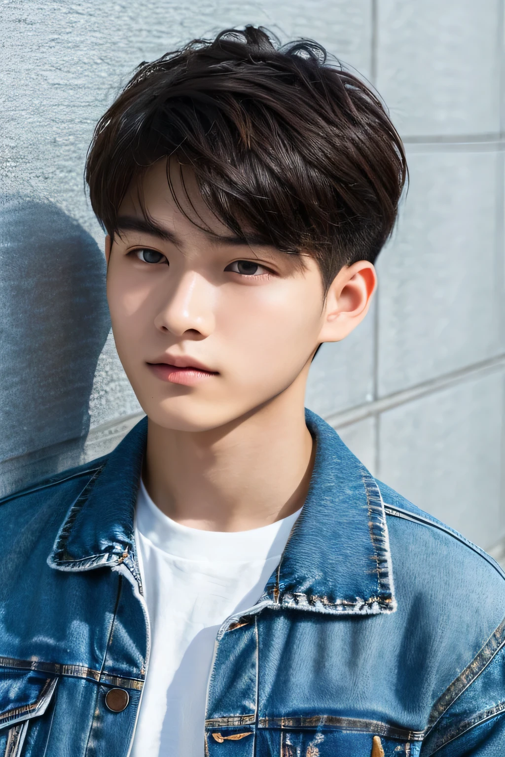 Highest quality, masterpiece, Ultra-high resolution, (Realistic: 1.4), Original photo, wallpaper, Head Photo, skin, Simple Background, Iris, detailed, Selfie, 1 boy, 18-year-old, good looking, Wind,Denim Jacket