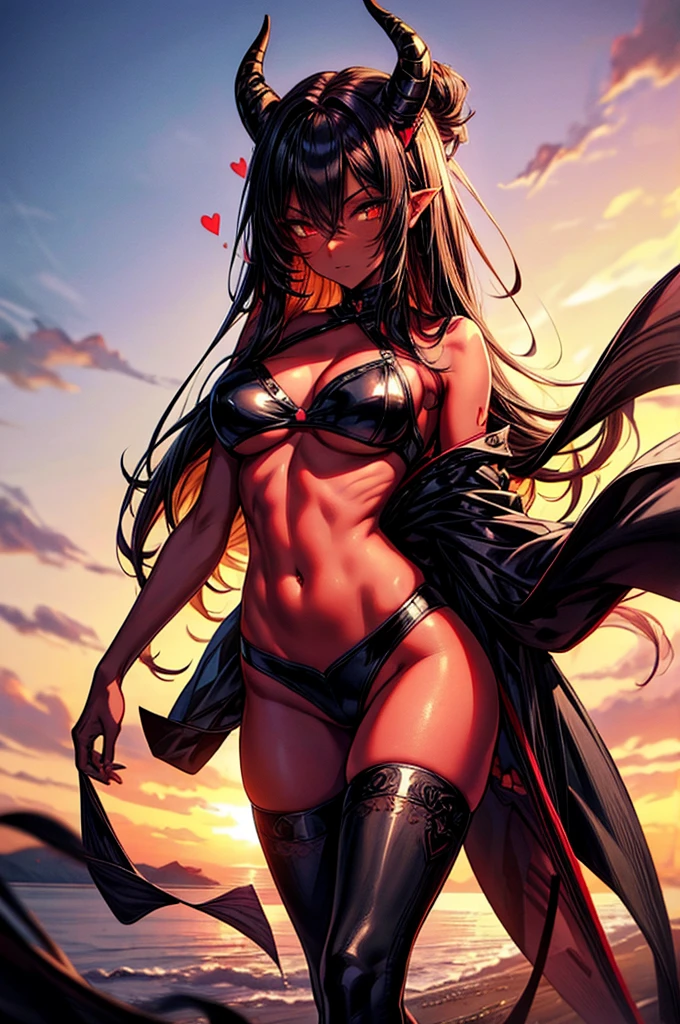 masterpiece, super detailed, high resolution, precision art, highly seductive anime girl. sexy and alluring, flawless dark red demonic skin, succubus, symmetrical face, beautiful olive eyes, flowing black hair, her very presence oozes seduction and allure, S-shaped body, black onyx colored horns jutting out her forehead, heart shaped tail protruding from her back, sexy and arousing slender and thin yet chiseled with enticing breasts, intricate and beautiful heart shaped tattoo engraved on her stomach, wearing spaghetti strap crop-top and form-fitting leggings that accentuate her round ass, hip-level shot
