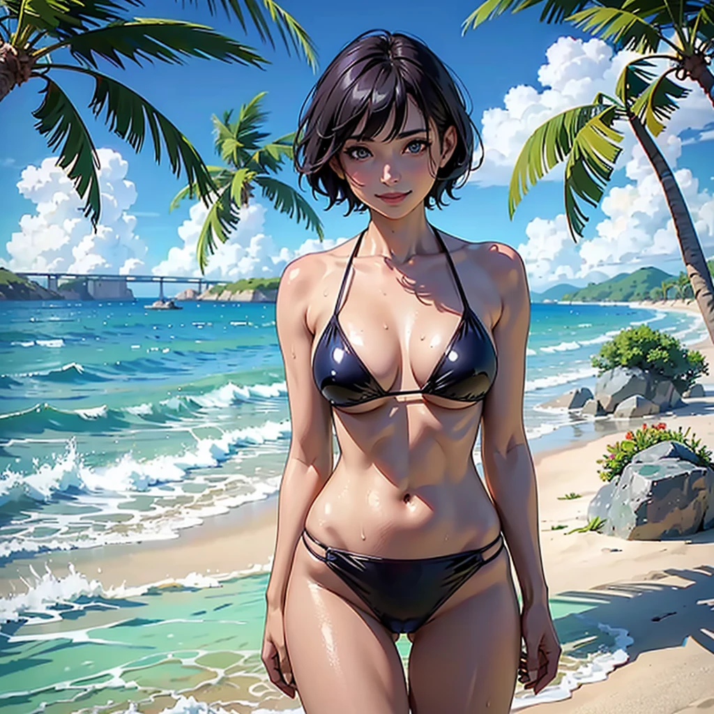 ((highest quality, masterpiece, High resolution)), ((reality)),Photos of beautiful Japanese women,((anime art))、 (((1 girl))), normal size breasts, slim body shape, medium short hair, double eyelid, Wet see-through micro bikini, A pareo with bold ethnic patterns and plenty of primary colors、realistic skin、Wet,whole body,cinematic light、tropical、Against the background of palm trees on both sides、on a sunny beach、With the sea in the background、blur background、smile
