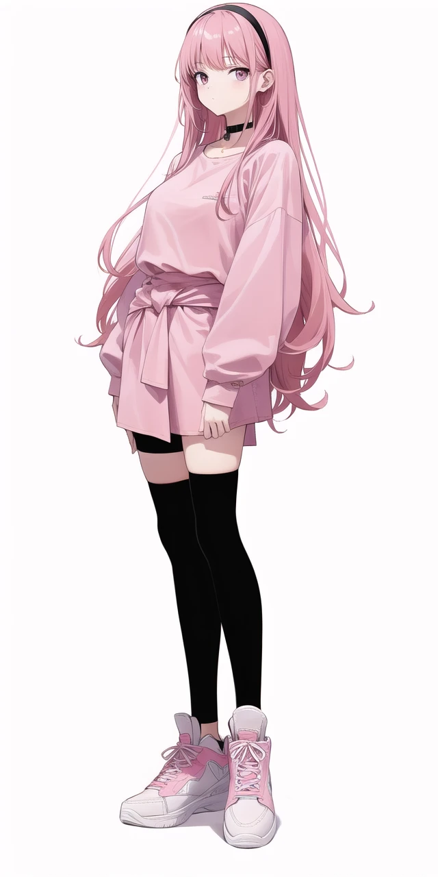 Woman. Long, pink hair. Long shirt below the waist, black choker, shoes black. 