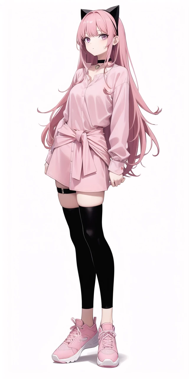 Woman. Long, pink hair. Long shirt below the waist, black choker, shoes black.