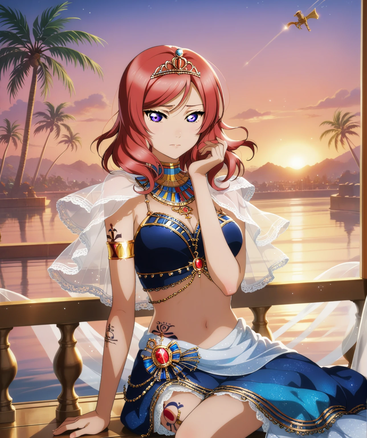 masterpiece, best quality,solo, floating hair,nishikino maki,red medium hair, detailed eyes,purple eyes, light blue dress, nile river, sunset,palm tree,medium breasts ,midriff peak, Egypt queen , sitting ,tiara, shiny stars ,  (Pharos tattoos:1.1),sad