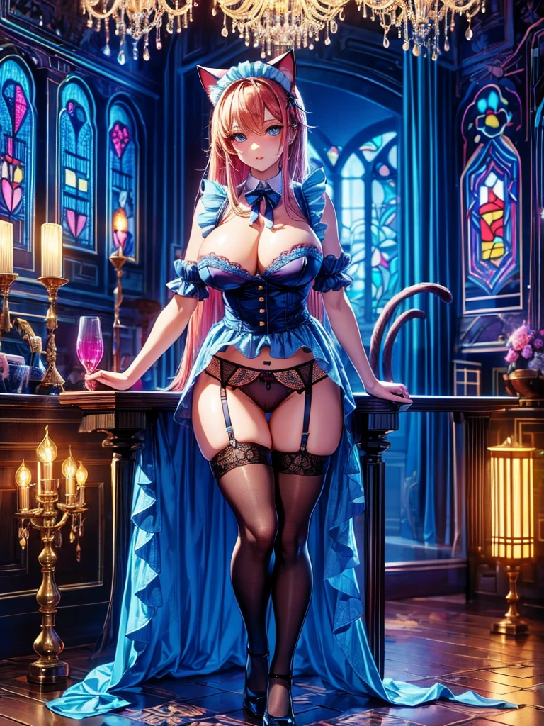 Highest quality,Highest Resolution,Beautiful boy in maid outfit,Cat ear,Western-style room,chandelier,Stained glass,Knee-high stockings,garter belt,Panties,Big Breasts,Big Tits,Very beautiful eyes,