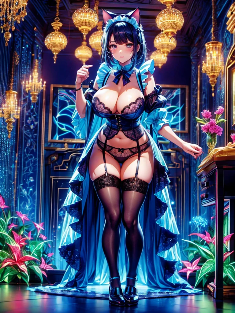 Highest quality,Highest Resolution,Beautiful boy in maid outfit,Cat ear,Western-style room,chandelier,Stained glass,Knee-high stockings,garter belt,Panties,Big Breasts,Big Tits,Very beautiful eyes,