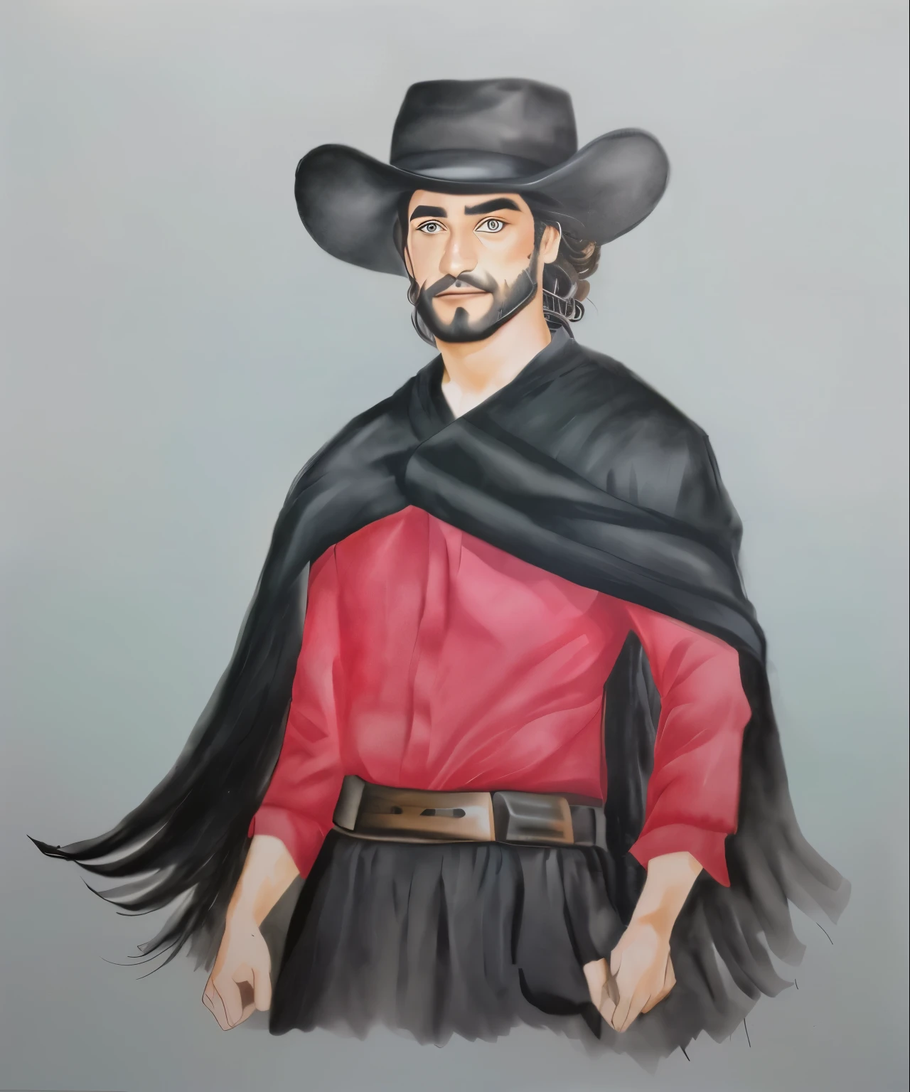um desenho de um homem com um chapéu de preto native gaucho e uma camisa vermela e pele clara inspirado em Germán Londoño, inspired by Agustín Fernández, inspired by Toros Roslin, inspired by Alonso Vázquez, inspired by Pedro Álvarez Castelló, a portrait of the character, native gaucho