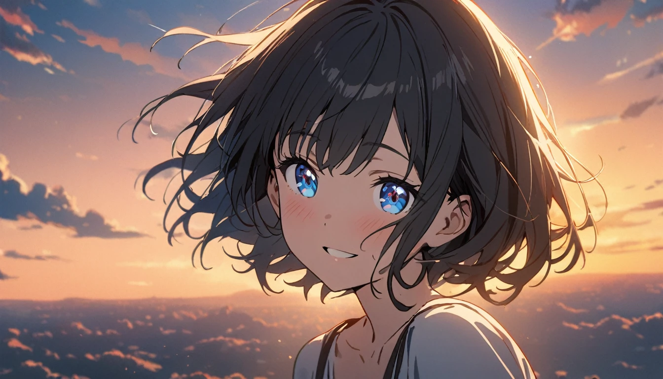 1girl, solo, blue eyes, (detailed eyes), gentle smile on her face flat chest, short hair, black hair, masterpiece, best quality, movie stills, 1 girl, cloud girl, floating in the sky, closure, bright, happy, Warm and soft lighting, Sunset, (spark:0.7)