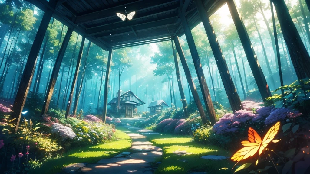 a cabin in a magical forest in surreal anime style for ambient music cover. n sunset and glass butterflies float across the scene. Smooth and ethereal animation style, reminiscent of the works of Hayao Miyazaki mixed with the surrealism of 'Paprika'. Soft and dreamlike color palette: deep blues, soft greens and delicate pinks. The general atmosphere is serene and mystical. Composition that invites the viewer to immerse themselves in this dream world