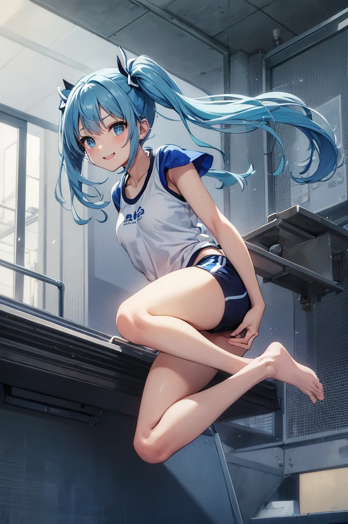 A beautiful girl with long light blue hair and twin tails, Wear gym clothes, Jumping on a vaulting box. Bright smile