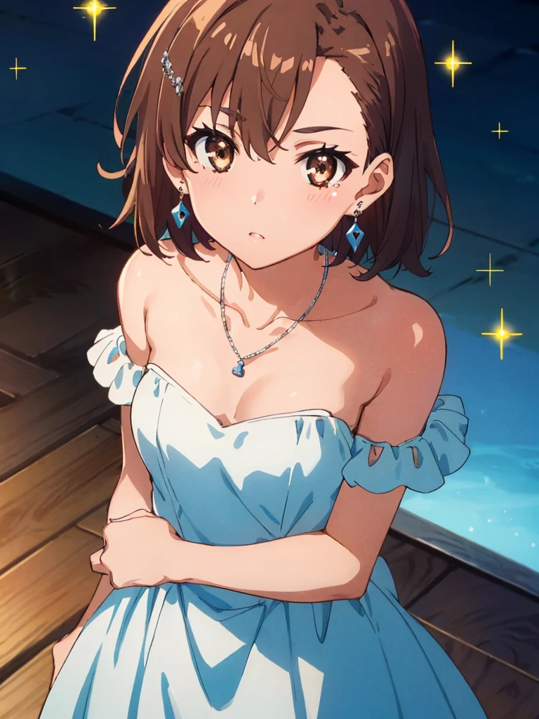 (masterpiece, best quality, 8k:1.2),Very detailed, (anime:1.1), misaka_mikoto, brown hair, short hair, hairpin, small medium , 1girl, (Collarbone, Necklace, Earrings, Sparkly Party D Ruffles, Earrings, Venue), Cowboy shot, looking at viewer,
